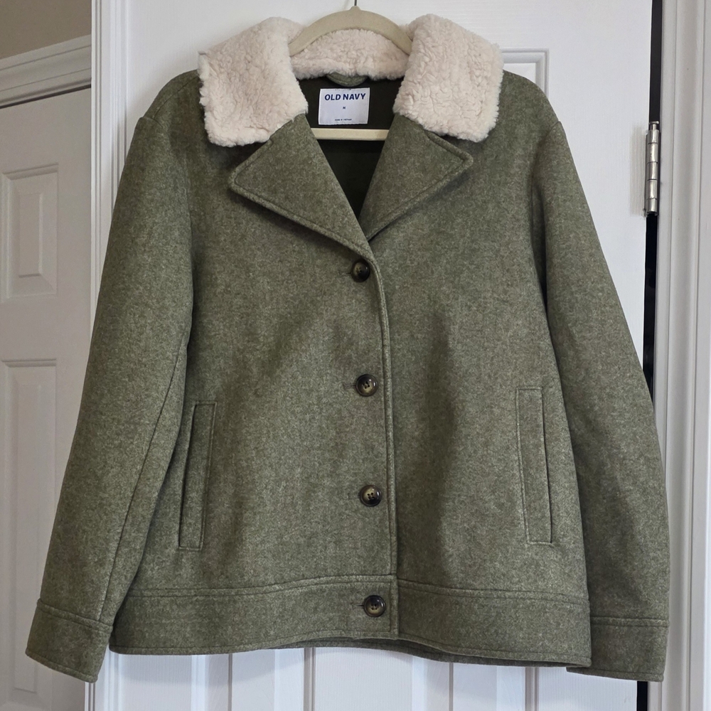 Old Navy Olive Pea Coat with Cream Collar
